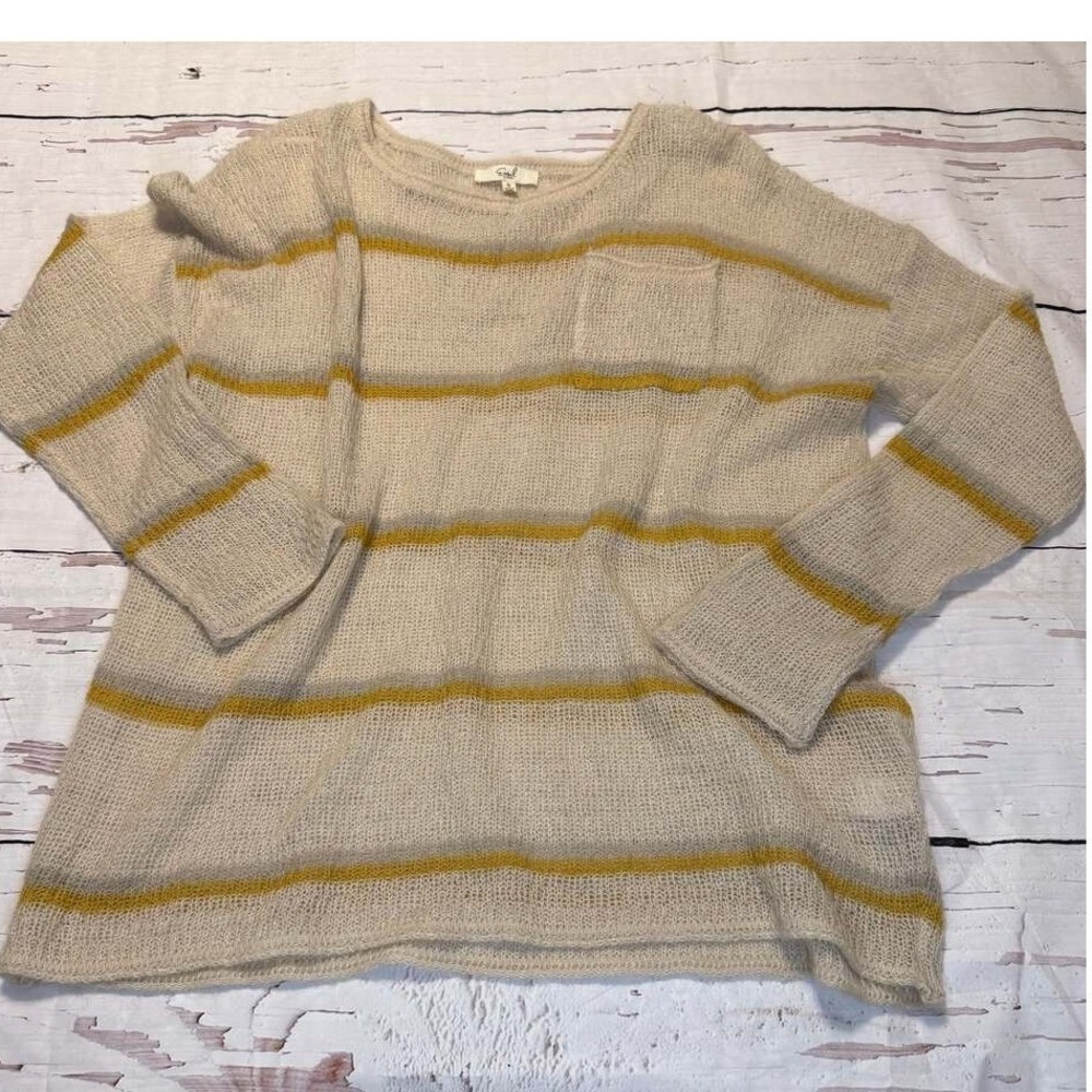 Easel Wool Blend Striped Open Knit Pocket Sweater Cream Mustard S Boho